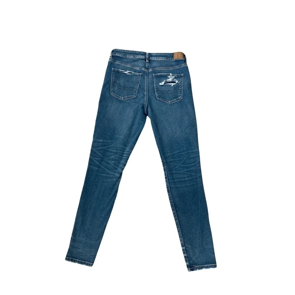 American Eagle Womens‎ High Waisted Blue Distressed Skinny Jeans Long Size 14 - Picture 8 of 10